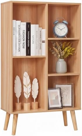 YAHARBO Small Natural Narrow Bookshelf,4 Tier Modern Bookcase with Legs,Bookshelves Wood Storage Shelf,Rustic Book Shelves Cube Organizer,Display Bookcase by YAHARBO