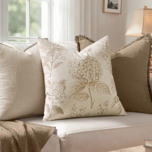 Set of 2 Decorative Floral Pillow Covers 22x22 Inch Tan Beige - Image 3