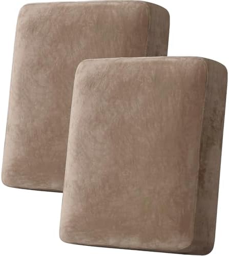 H.VERSAILTEX Velvet Stretch Couch Cushion Cover Plush Cushion Slipcover for Chair Loveseat Sofa Cushion Furniture Protector Seat Cushion Sofa Cover (2 Piece Medium Sofa Cushion Covers, Camel) by HVERSAILTEX