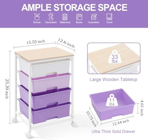 Utility Cart with 4 Drawers, Rolling Storage Cart with Drawers, Purple - Image 3