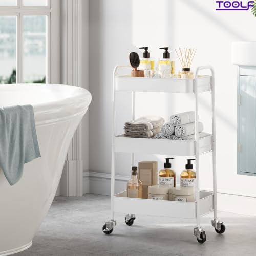 TOOLF 3 Tier Metal Rolling Cart, Utility Storage Cart with Wheels, White | Screwless Assembly, Lockable Metal Wheels, Trolley Organizer for Bathroom, Kitchen, Office, Dorm, Laundry, Craft Room - Image 6