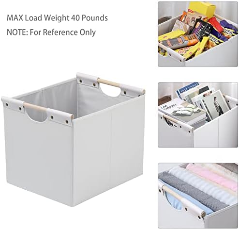 HOONEX Large Collapsible Storage Bins, Linen Fabric, Pack of 2, Storage Baskets with Wooden Carry Handles and Sturdy Heavy Cardboard, for Home, Office, Car, Nursery, White - Image 2