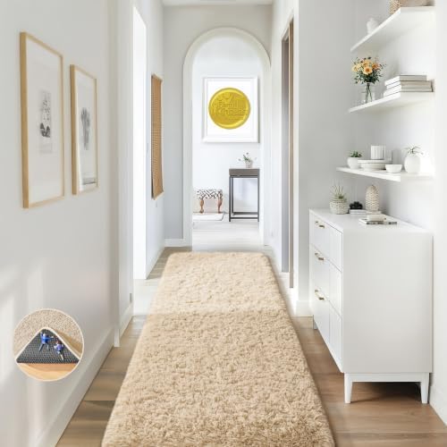 Ophanie 2x8 Runner Rug for Hallway,Upgrade Non-Slip Fluffy Soft Bedside Rugs,Bedroom Living Room Beige Shaggy Carpet for Kids Girls Boys Dorm Nursery Home Decor Aesthetic with Over 99 pcs Pile fibers by Ophanie