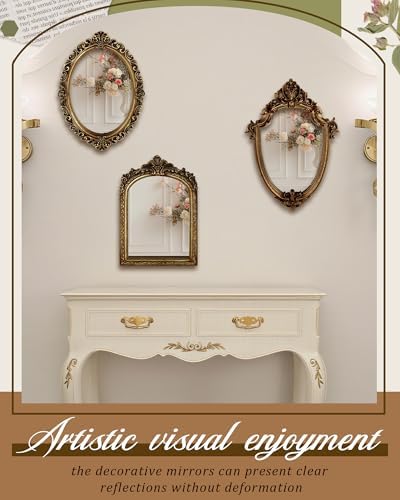 Wonderjune 3 Pcs Vintage Gold Mirror Set Wall Decorative, 8-15in Vintage Wall Mirror Hanging Antique Hanging with Stand for Living Room Home Wedding Decor(Classic Style, 13in/12in/10in) - Image 4