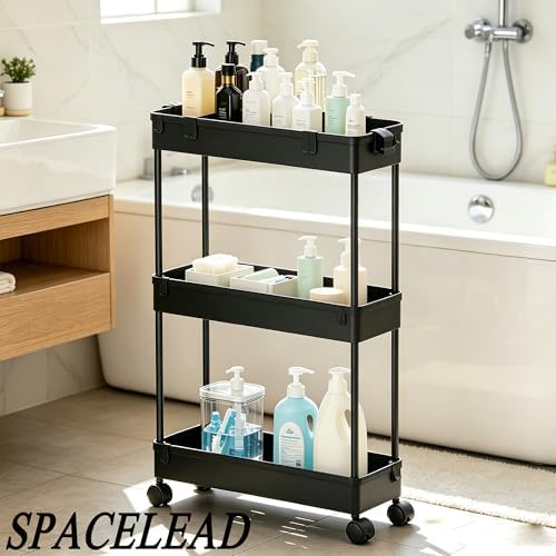 SPACELEAD Slim Storage Cart 3 Tier,Bathroom Organizer Rolling Utility,Mobile Shelving Unit Slide Out for Office, Kitchen, Laundry Room & Narrow Places,Black - Image 2