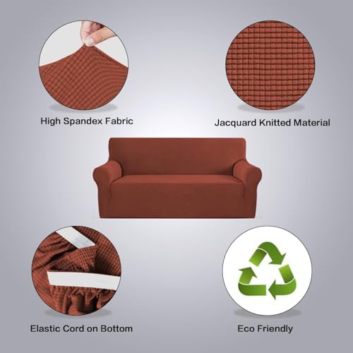 H.VERSAILTEX Stretch Couch Covers for Sofa 1 Piece Slipcovers for Couches and Sofas 3 Seater Couch Cover Feature Thick Checked Jacquard Fabric with Elastic Bottom(Large Sofa 90"-100" Wide, Rust) - Image 6