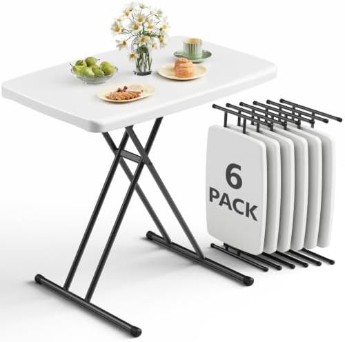 Folding Table 30 Inch -6pack, Small Desk Adjustable Height TV Tray for Laptop, Couch, Camping - Heavy Duty Utility Foldable Table for Small Spaces, No Assembly Required, White by FoldingFurniture