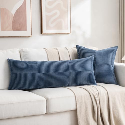 Fancy Homi 2 Packs Dusty Blue Decorative Throw Pillow Covers 18x18 Inch for Living Room Couch Bed, Farmhouse Boho Home Decor, Soft Corss Corduroy Patchwork Textured Square Cushion Case 45x45cm - Image 6