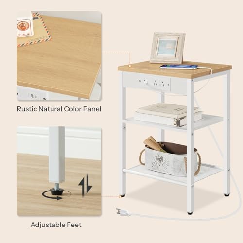 HOOBRO Side Table with Charging Station and USB Port, Small End Table for Small Space, 3-Tier Nightstand with Adjustable Shelf, for Living Room, Bedroom, Natural and White WN112BZ01 - Image 6