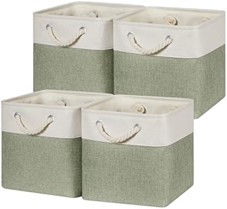 Temary Cube for Shelves 11 Inch Bin 4Pack Fabric Storage Baskets for Organizing Toys, Clothes, Decorative Baskets with Rope Handles (White&Green) by TEMARY