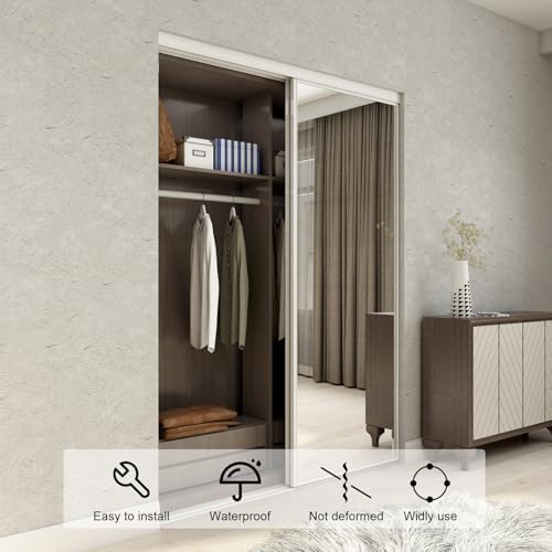 JUBEST Mirrored Closet Door 60 x 80, One Side Mirror Door with Top & Bottom Track Kits, Full Length White Steel Frame Sliding Mirror Closet Door, Easy to Install - Image 2