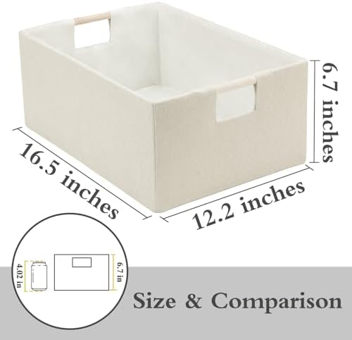 Foldable Fabric Storage Cubes, Cloth Storage Baskets with Wooden Handles, Shelf Closet Organizer Bins, Rectangular Linen Storage Boxes for Decor, 16.5 x 12.2 x 6.7 Inches - Image 2