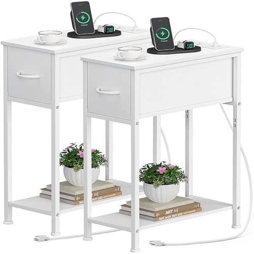 Vagusicc End Table Set of 2 with Charging Station, Narrow Side Table Nightstand with Fabric Drawer, Slim Nightstand for Bedroom, Small Bedside Table, Slim Sofa Side Table for Small Spaces, White by Vagusicc