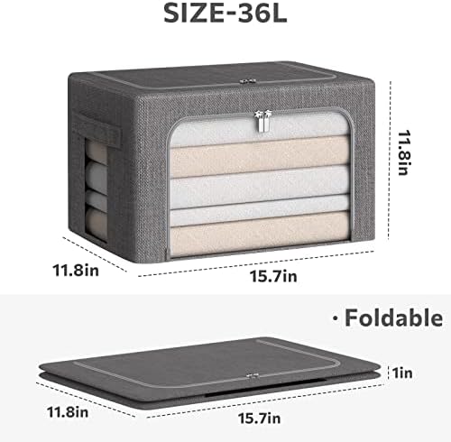 CYhom 3Pack Foldable Storage Bins - Frame Storage Box Linen Fabric Stackable Clothes Container Organizer with Clear Window & Carry Handles Large Capacity (Medium-36L, Dark Gray) - Image 5
