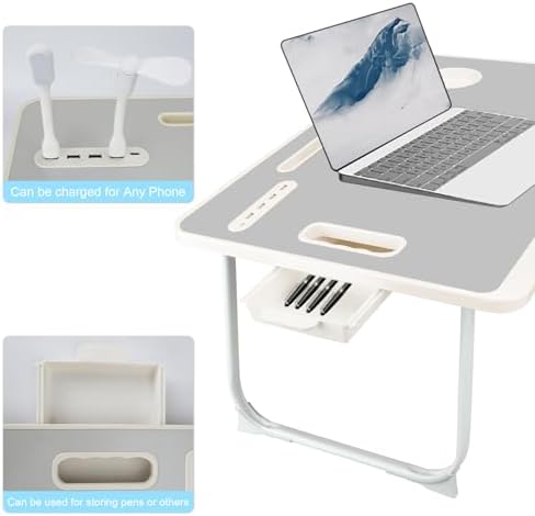 Laptop Bed Table, Laptop Desk for Bed, Foldable Laptop Bed Desk with USB Charge Port, Handle, Desktop Card Slot, Cup Slot, Side Drawer, Portable Laptop Table for Bed Eating Reading Working - Image 3