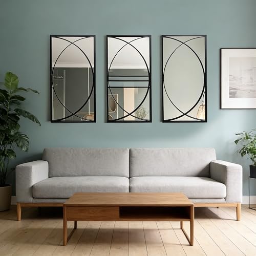 3 Pieces Black Rectangular Wall Mirror Set for Home Decor - Image 2