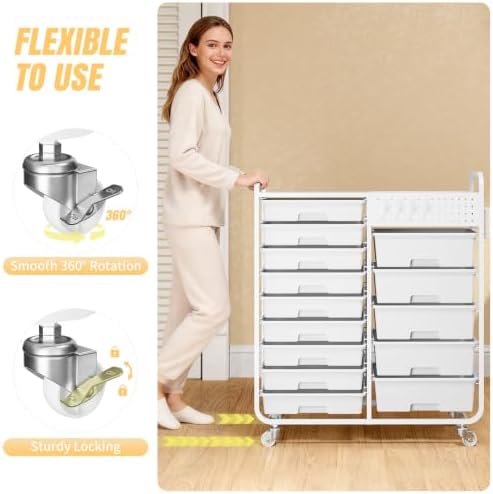 14 Drawer Rolling Storage Cart with Tabletop and Pegboard for Crafts White - Image 6
