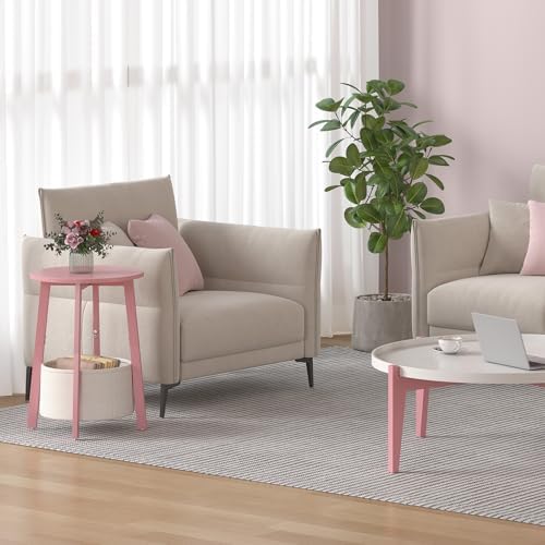 sthmec Small Round Side End Table with Cloth Storage Basket, Round Bedside Sofa Couch Coffee Tables for Small Places with Metal Frame, Modern Nighstands for Living Room Bedroom, Pink - Image 5