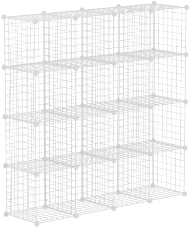 HUBSON Wire Cube Storage Organizer, Book/Toy/Craft/Potted Plants and Pet Closet Organizers, 16-Cube Freely Combinable Metal Grid Storage Shelf, White Iron by HUBSON