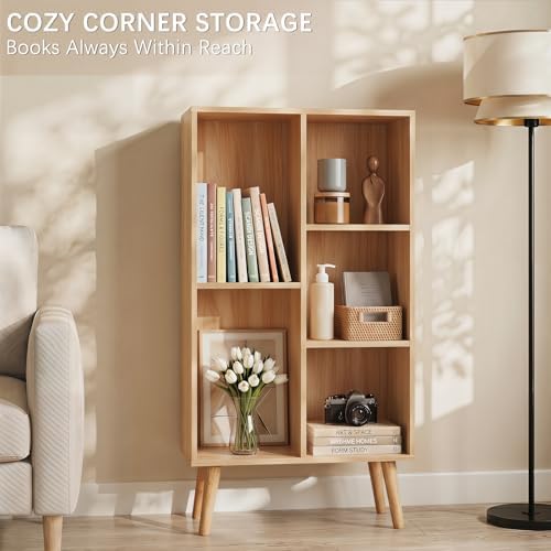 YAHARBO Small Natural Narrow Bookshelf,4 Tier Modern Bookcase with Legs,Bookshelves Wood Storage Shelf,Rustic Book Shelves Cube Organizer,Display Bookcase - Image 5