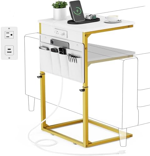 Vagusicc C-Shaped End Table with Charging Station, Small Side Table for Couch, 33" Tall C Table Adjustable Height Side Table, Couch Tables that Slide Under, Sofa Table TV Tray for Living Room, Golden by Vagusicc