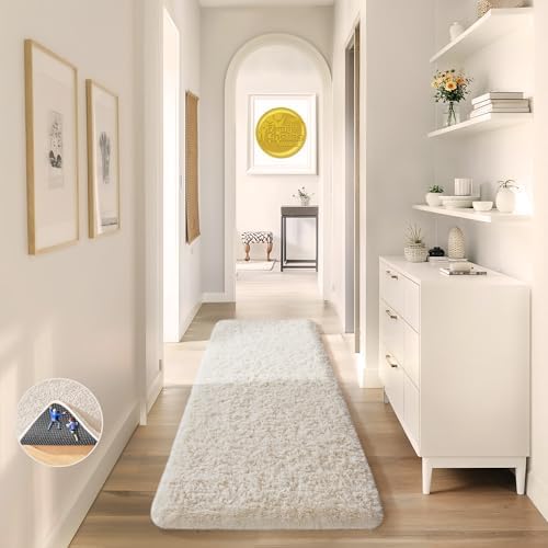 Ophanie 2x8 Runner Rug for Hallway, Upgrade Non-Slip Fluffy Soft Bedside Rugs, Bedroom Living Room Ivory Shaggy Carpet for Kids Dorm Home Decor with Over 99 pcs Pile fibers by Ophanie