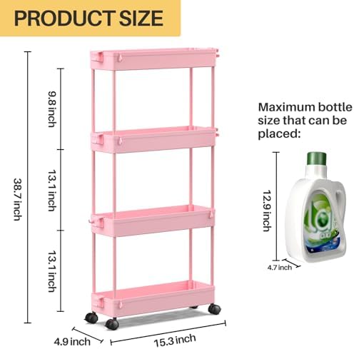 SPACEKEEPER Slim Rolling Storage Cart, 4 Tier Bathroom Cart Organizer, Pink - Image 4