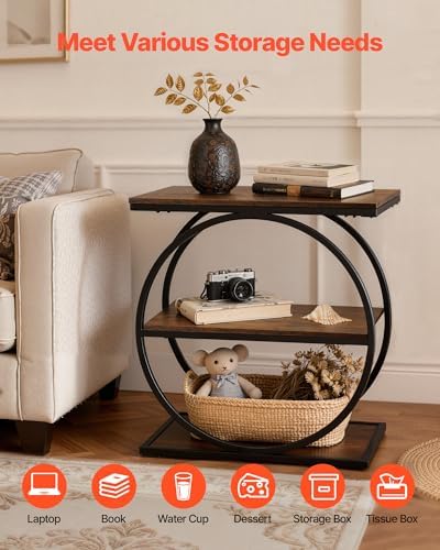 VEVOR End Table, 3-Tier Narrow Side Table with Open Storage Shelves, Modern Nightstand Bedside Desk with Round Metal Frame, Wood Sofa Coffee Desk for Living Room, Bedroom, Office, Rustic Brown - Image 4