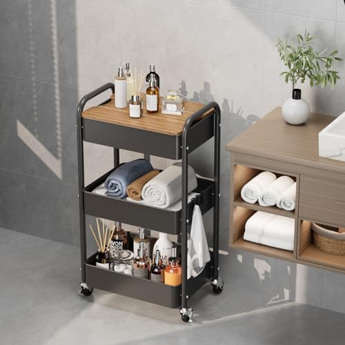 3-Tier Rolling Cart with Table Top, Metal Utility Cart on Wheels - Image 7