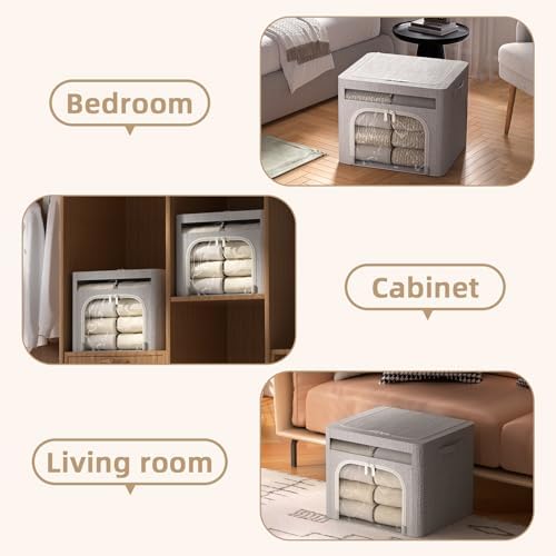 FHSQX 6 Pack Foldable Storage Bins for Clothes Clothes Storage Bins with Metal Frame Stackable Storage Box with Lid (Light Grey, 16.5x12.2x12.2 inch (40L)) - Image 5