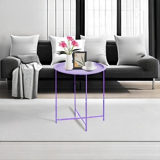 Garden 4 you End Table Metal Side Table Purple Round Folding Tray Cyan Sofa Small Accent Fold-able Table, Round End Table Tray, Next to Sofa Table, Snack Table for Living Room and Bed Room - Image 2