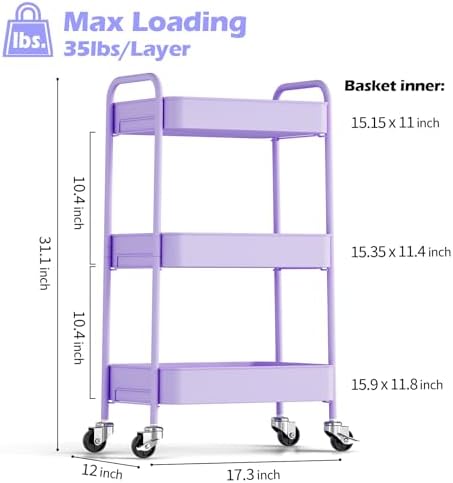 TOOLF 3 Tier Metal Rolling Cart, Utility Storage Cart with Wheels, Purple | Screwless Assembly, Lockable Metal Wheels, Trolley Organizer for Bathroom, Kitchen, Office, Dorm, Laundry, Craft Room - Image 2