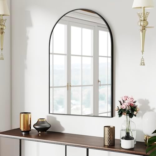SCWF-GZ 36x24 Arch Mirror Rectangle Full Length Wall Mounted Hanging or Against Wall Metal Aluminium Alloy Frame Dressing Make-up Mirrors for Entryway Bedroom Bathroom Living Room 36 24 inch Black by SCWF-GZ