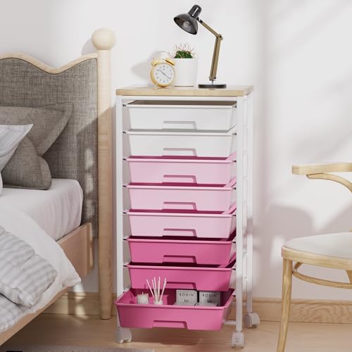 Rolling Cart with 8 Drawers, Storage Drawers Cart with Wooden Tabletop and Lockable Wheels, Craft Storage for Living Room, Office, Classroom, Craft Room, Bedroom - Image 3