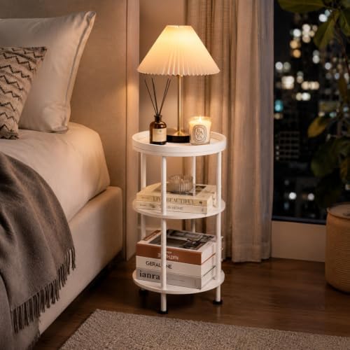 Small Round Side Table with Tray Top (Patented Design), 11.8" Narrow End Table for Small Spaces, 3-Tier Modern White Nightstand, Original Accent Furniture for Living Room Bedroom (Classic, White) - Image 4