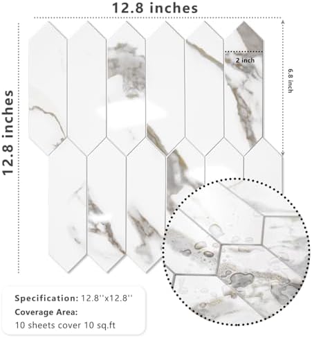 Vamos Tile Glossy White Marble with Gold Veining Backsplash Tile Peel and Stick, 12.8 x 12.8 Inch 10 Sheets Long Hexagon PVC Self Adhesive Mosaic Tiles Stick on Backsplash for Kitchen and Bathroom - Image 6