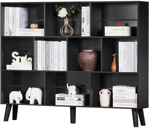 YAHARBO 10 Cube Large Bookshelf,3 Tier Bookcase with Legs,Black Mid-Century Modern Bookshelves,Wide Free Standing Open Storage Organizer Shelf,Tall Wooden Book Case Furniture for Living Room,Office by YAHARBO