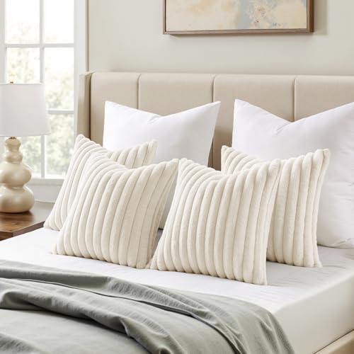 MIULEE Faux Fur Plush Decorative Throw Pillow Covers 18x18, Cream White - Image 5