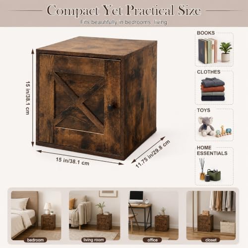 15" H x 15" W x 11.75" D Stackable Cube Storage Organizer with Door, Brown Modular Cubby Storage Bin with Non-Slip Pads, Wooden Cube Bookshelf Shelf for Bedroom, Living Room, Kitchen and Office - Image 2