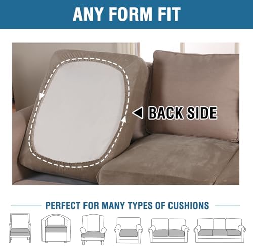 H.VERSAILTEX Velvet Stretch Couch Cushion Cover Plush Cushion Slipcover for Chair Loveseat Sofa Cushion Furniture Protector Seat Cushion Sofa Cover (3 Piece Sofa Cushion Covers, Mocha) - Image 5