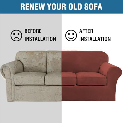 H.VERSAILTEX High Stretch Sofa Slipcover 4 Piece Cover Velvet Furniture Protector Form Fit Thick Velvet Extra Large Sofa Cover for 3 Cushion Couch Width Up to 97 Inch (Large Sofa, Rust) - Image 7
