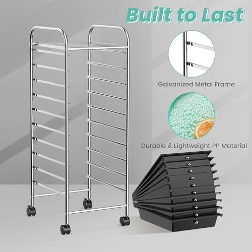 10-Drawer Rolling Storage Cart, Trolley w/Lockable 360° Wheels, 10 Removable PP Drawers, Sturdy Metal Frame, Rolling Utility Cart Perfect for Home, Office, Classroom (Black) - Image 6