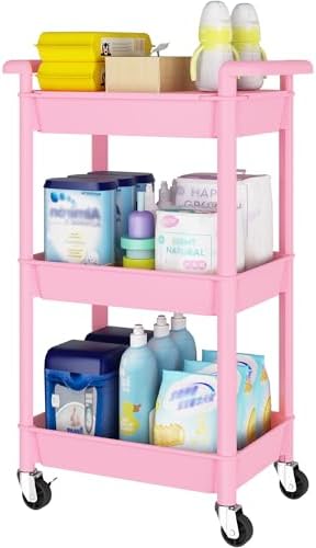 Steehoom 3-Tier Utility Rolling Cart with Cover Top Board, Mobile Utility Cart with Lockable Casters Multi-Functional Storage Trolley for Office, Bathroom, Kitchen, Garden, Laundry Room (Pink) by Steehoom