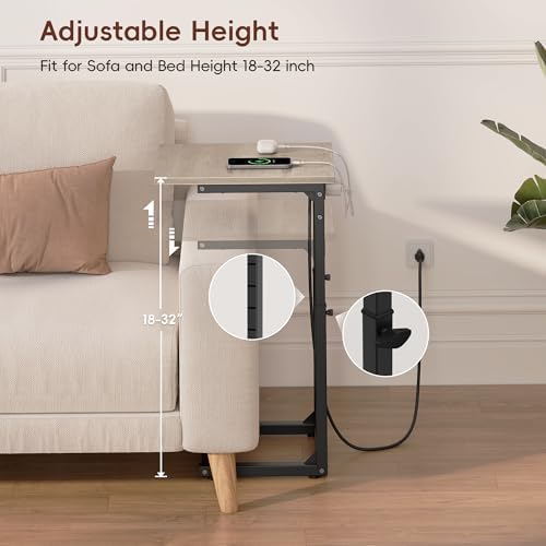 Vagusicc C Shaped End Table with Charging Station, Adjustable Height Side Table for Couch, C Table End Table Couch Table that Slide Under, Sofa Table TV Tray Arm Tables for Living Room, Bedroom, Gray - Image 4