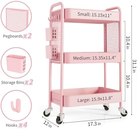 TOOLF 3 Tier Rolling Cart Storage Organizer, Metal Rolling Utility Cart with Wheels, Hooks & Bins Esthetician Craft Art Sturdy Storage with Pegboard for Bathroom, Kitchen, Office, Nursery Diaper - Image 5