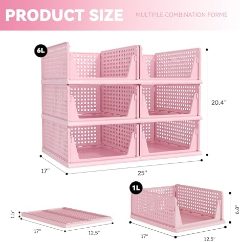 Pink Girl Closet Organizers and Storage Stackable Plastic Drawer Basket for Clothing Stackable Storage Bins Shelf Storage Container for RV Closet Wardrobe Bedroom Bathroom Playroom 6 Pack - Image 3