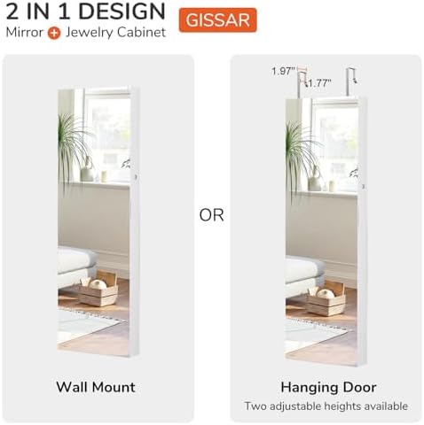 GISSAR Full Length Mirror Jewelry Cabinet, 6 LEDs Jewelry Armoire Wall Mounted Over The Door Hanging, Jewelry Organizer Storage with Lights Lockable, White Surface with Beige Lining, 14.6" x 47.2" - Image 6