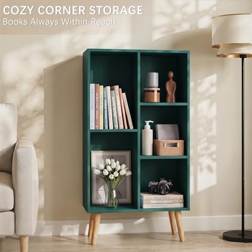 YAHARBO Small Dark Green Bookshelf,3 Tier Modern Kids Bookcase with Legs,5 Cube Wooden Bookshelves Storage Shelf,Book Shelves Organizer,Display Bookcases Cabinet for Room Nursery Study - Image 5