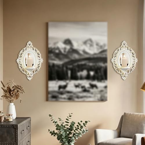 2 Set Vintage Candle Wall Sconce for Home Decor Living Room Bedroom Office Wood Antique Mirrored Victorian Mounted Candlestick Wall Holder Relief Hanging Decor -White 11.8in - Image 7