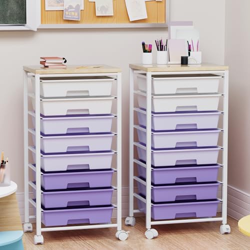 Rolling Cart with 8 Drawers, Storage Drawers Cart with Wooden Tabletop and Lockable Wheels, Craft Storage for Living Room, Office, Classroom, Craft Room, Bedroom (Purple) - Image 5